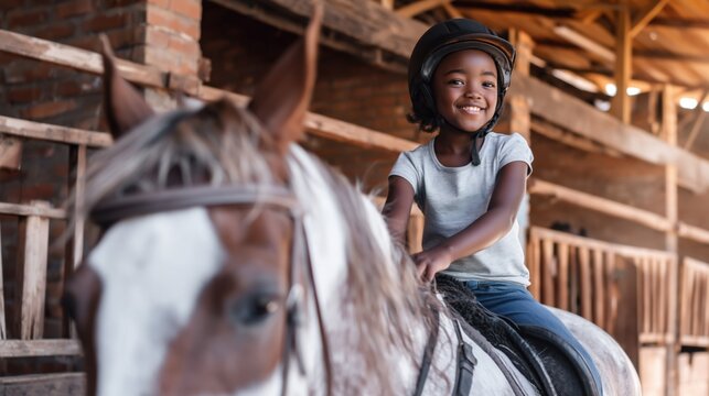 Young girl riding horse inside rustic wooden stable