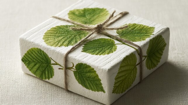 Rectangular package decorated with green foliage prints and tied with natural twine rests on a pale textile surface.
