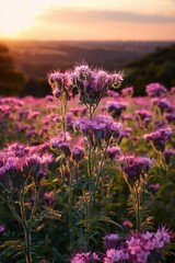 Fototapeta premium Tall purple thistle stems standing in sunset hillside field
