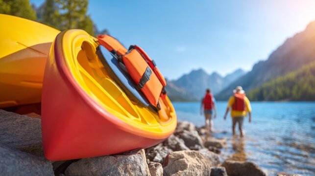 Bright Kayak Placed Upside Down Near Serene Lakeshore with Adventurers