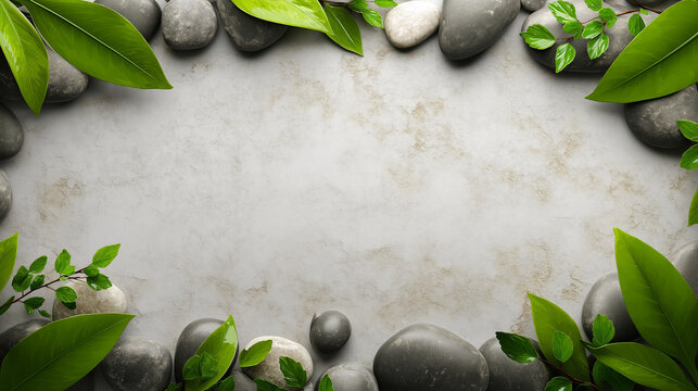 Rustic natural grey spa stones and green leaves frame a textured grey background, creating a serene composition.