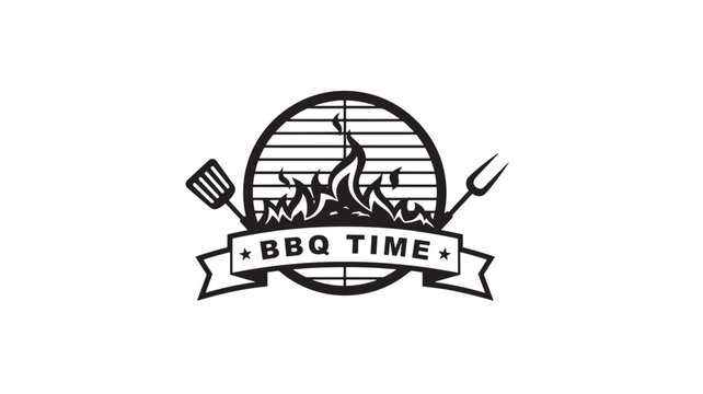 BBQ time emblem with grilled flames, crossed grill utensils, and striped badge for summer barbecue branding and menus featuring grilling, smoke,