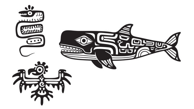 Shark totem artwork with tribal patterns and geometric outlines for modern marine tattoo and culture design featuring vector style, illustration, eye