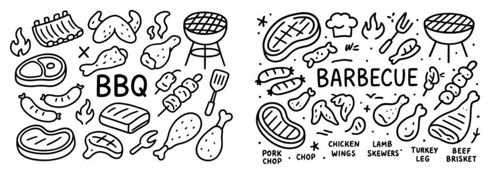 Barbecue icons with grill meat doodle