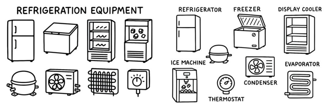 Refrigeration icons with refrigerator freezer compressor outline