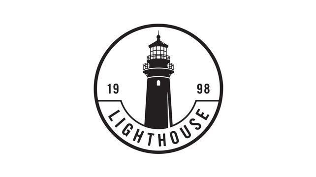 Lighthouse logo emblem with circular badge, vintage tower design, and 19 98 text for coastal navigation identity featuring nautical, coast, ocean
