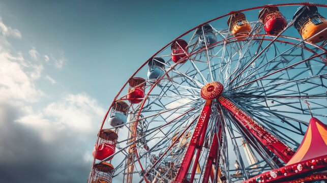 Colorful Ferris Wheel with Incomplete Cabin Under Construction Sky