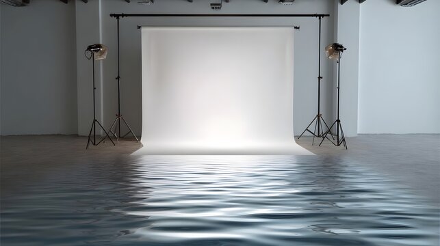 Professional studio setup featuring a seamless white backdrop and polished reflective flooring illuminated by professional lighting equipment