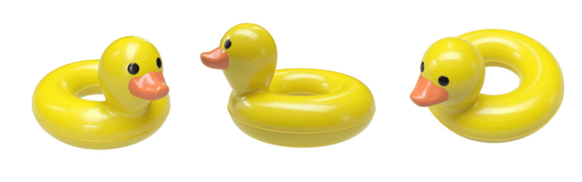 Cute yellow rubber duck swim ring float in glossy 3D style, shown from multiple angles. Realistic vector set, isolated, in bright yellow color. Modern 3D rendered inflatable duck floaties.