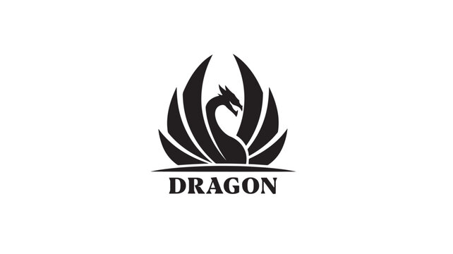 Dragon flame logo icon with bold black emblem and winged beast silhouette for gaming and sports branding featuring fire wings, fantasy mascot, vector