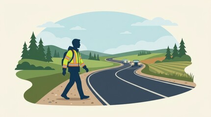 Fototapeta premium Pedestrian Walks Along Winding Road With Cars Passing by in Safe Environment Promoting Pedestrian and Cyclist Safety Awareness Efforts