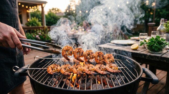 Grilled shish kebab with meat cooking over barbecue fire and smoke