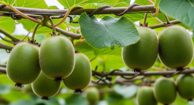 Kiwis growing on a trellis in a professional fruit farm.