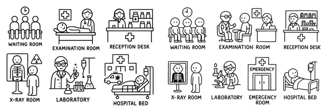 Medical icons with hospital bed x ray outline