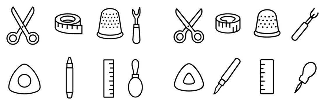 Sewing icons with scissors tape thimble outline