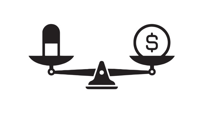 Balance scale icon with pill-shaped weighing pans holding dollar and magnifier symbols for premium finance vector design