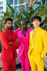 Obraz premium Models standing together in colorful suits near indoor plants