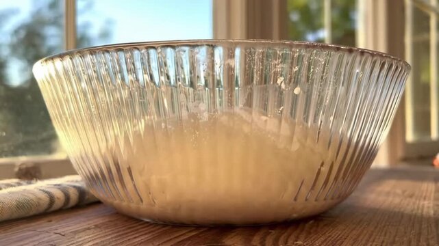 Sourdough Bread Dough Rising In Glass Bowl