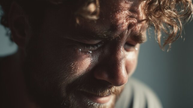 Crying man feeling emotional pain and despair, tears streaming down his face showing intense grief, suffering, and sorrow in a dramatic close-up portrait
