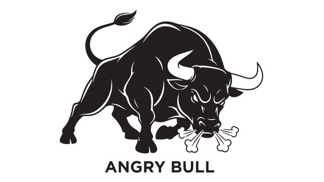 Bull logo angry charging wild mascot with sharp horn lines and bold text for sports branding and merchandise featuring animal icon, vector style,