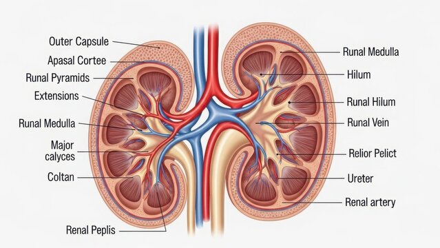 Human kidney cross section anatomy diagram