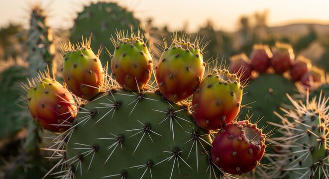 A close-up of a prickly pear cactus with several colorful red and yellow fruits growing on the edge of the green pads