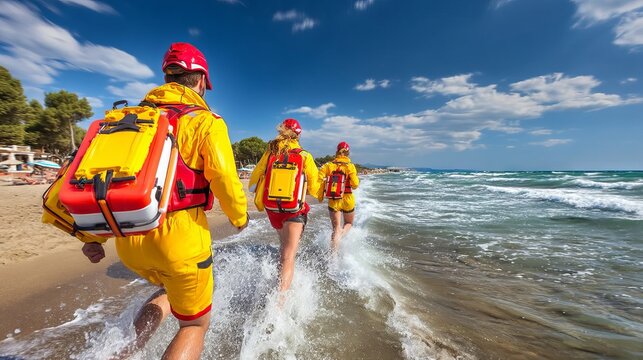 Lifeguards Running Along the Shoreline with Rescue Equipment at the Beach
