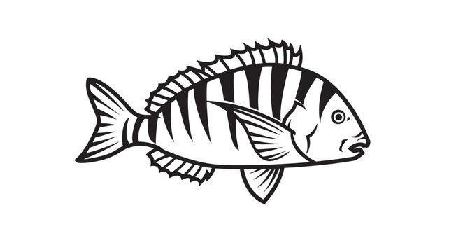 Fish illustration of a striped tropical angelfish side view with bold black and white line art featuring monochrome, vector style, marine life with