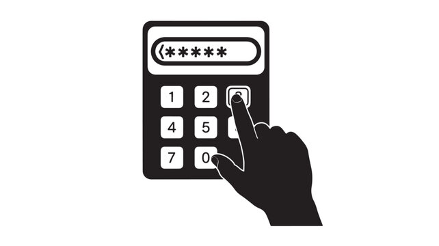 ATM card keypad icon with password entry and gloved hand pressing number buttons in secure banking interface featuring payment, PIN, authentication