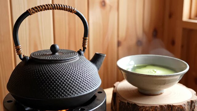 Tetsubin cast-iron Japanese kettle on stand with steam rising from spout, grey celadon chawan tea bowl with matcha, cedar plank wall background, wabi-sabi tea ceremony atmosphere with natural material