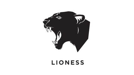 Lioness roaring head silhouette logo with sharp fangs, minimalist black wild cat emblem design in a bold modern vector style. © RASHIDAPARVIN