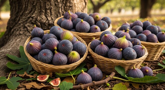Several woven baskets packed with ripe, purple figs sitting on a bed of dry leaves and grass. A few sliced figs on the ground show the red interior