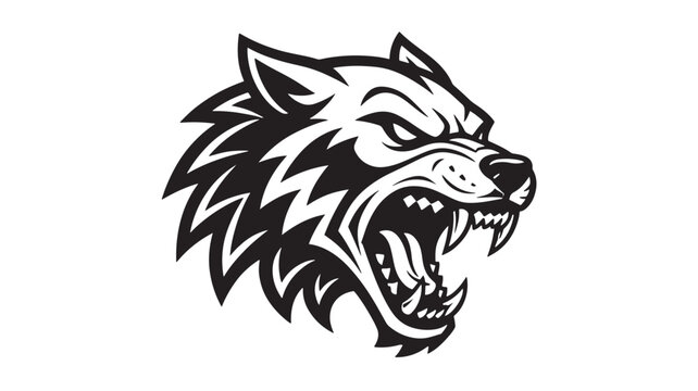 Wolf head logo with bold black and white tribal style snarling mascot illustration for sports and gaming branding featuring emblem, icon, monochrome