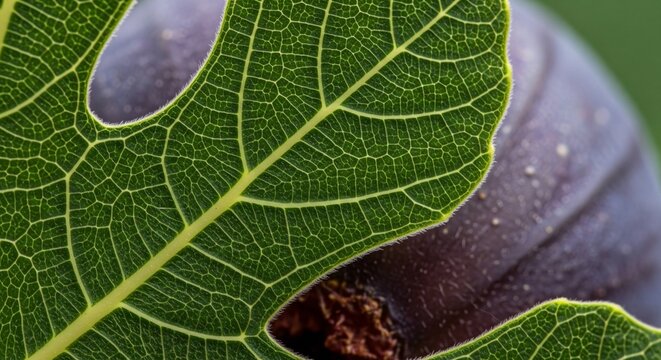 A large, vibrant green fig leaf with visible veins partially covers a ripe, dark purple fig. The focus is sharp on the leaf's texture and the fruit's surface