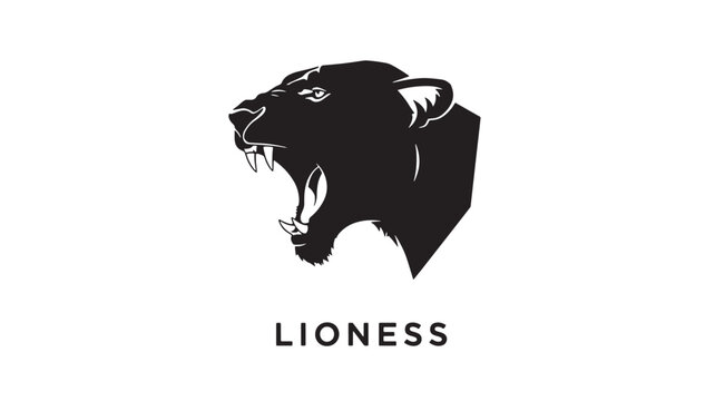 Lioness roaring head silhouette logo with sharp fangs, minimalist black wild cat emblem design in a bold modern vector style.