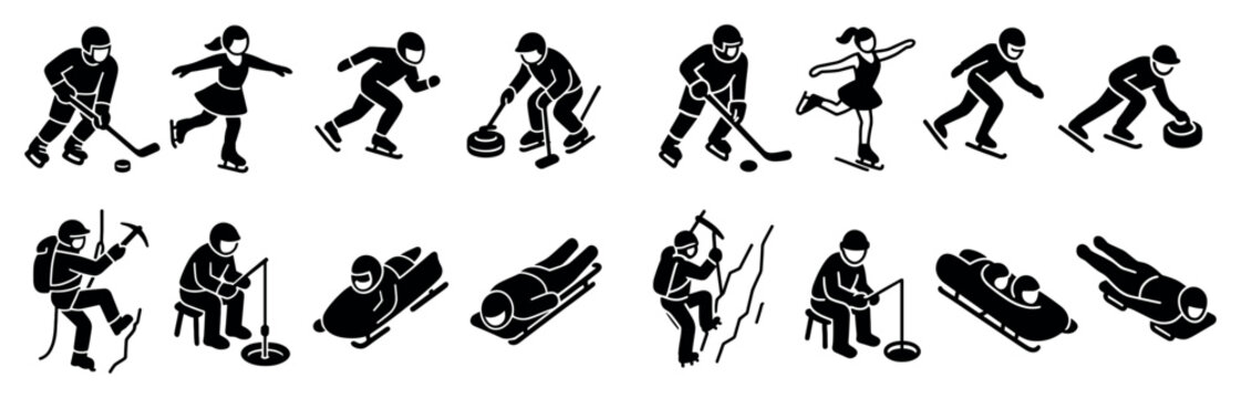 Winter sports icons with hockey curler skater minimal