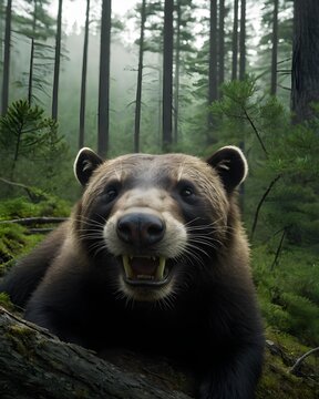 A wolverine in a quiet forest ridge