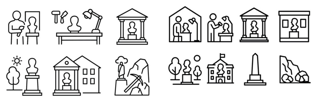 Museum icons with statue bust building outline
