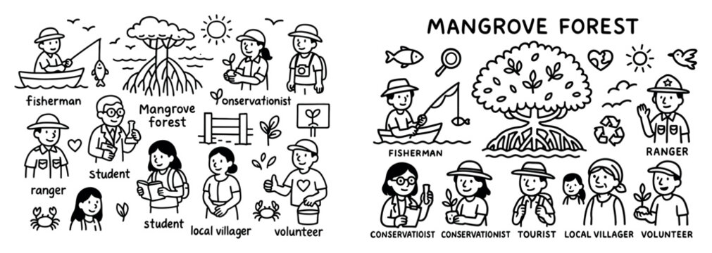 Conservation icons with mangrove ranger and boat doodle