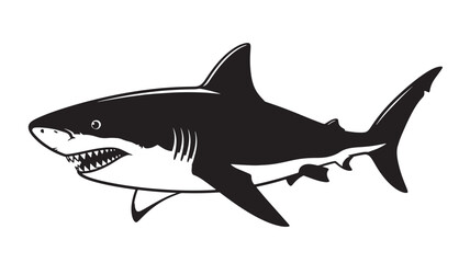 Fototapeta premium Shark icon with black silhouette and dorsal fin, featuring open mouth teeth and sonar signal lines graphic design featuring marine animal, predator,