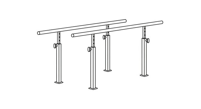 Adjustable parallel bars with four posts and connectors on white background for rehabilitation
