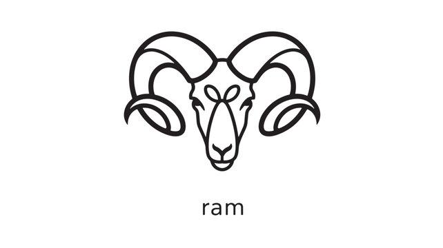 Ram head icon with black outlines, curved horns, and symmetrical rams graphic on white background featuring sheep, livestock, farming with zodiac