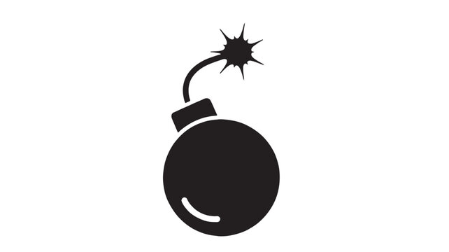 Bomb icon with simple black silhouette, spark top, and fuse curved line on clean white background featuring explosive symbol, detonator, blast danger