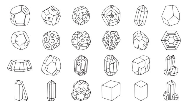 Gemstone geometric shapes icon set with line art polygon faceted crystal outlines and premium minimalist style for design
