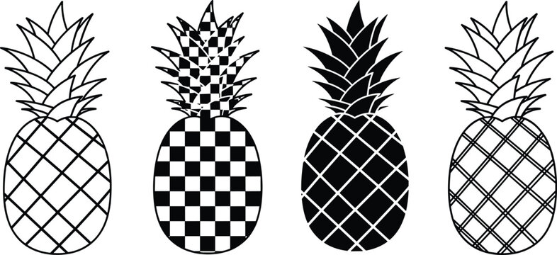 Black and white pineapple fruit silhouette collection with checkered and linear patterns for tropical decoration.