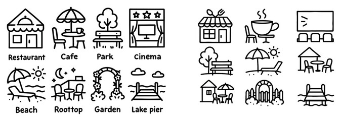 Fototapeta premium Travel icons with restaurant cafe park outline