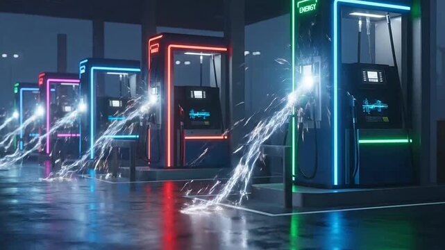 Electric vehicle charging stations with colorful lights.