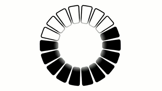Animated loading circle bar indicator graphic with segments filling up and rotating on white background representing progress data upload download status and buffering anticipation.