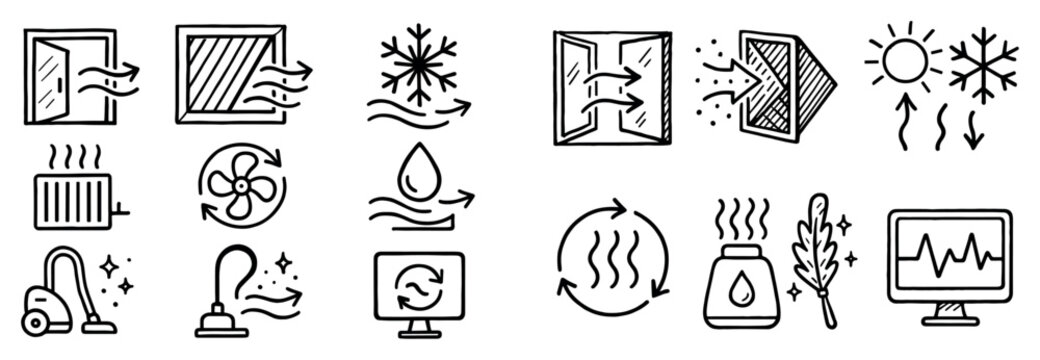 Climate icons with window fan radiator outline