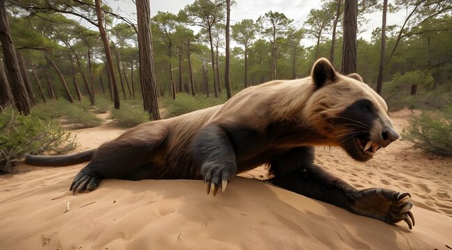 An buff toned  wolverine flopping playfully  in the sand dunes